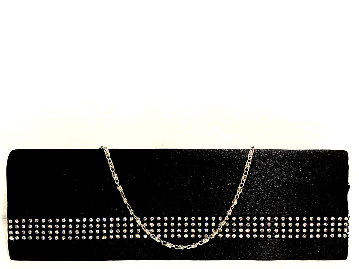 Sasha Satin Black Clutch with Crystal Accents & Silver Chain NWT