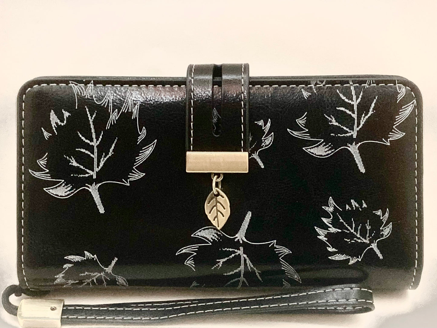 Sendefn Leaf Pattern Large Capacity Storage Credit Card Zip Wallet Black