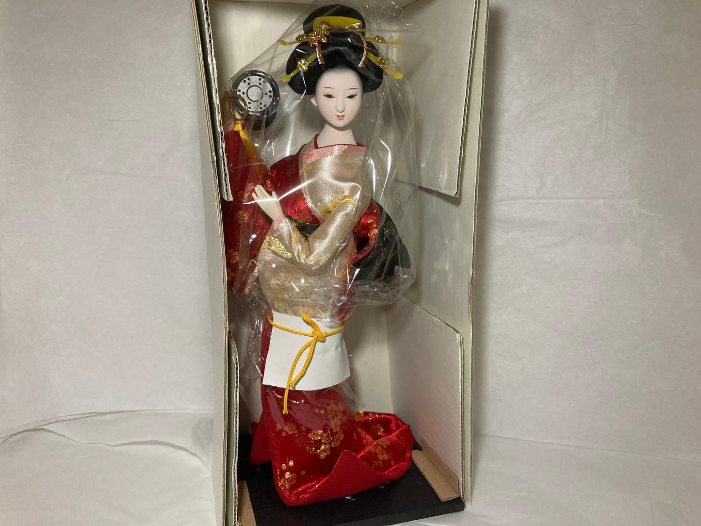 Large Japanese Geisha Doll In Elegant Red and Gold Kimono New