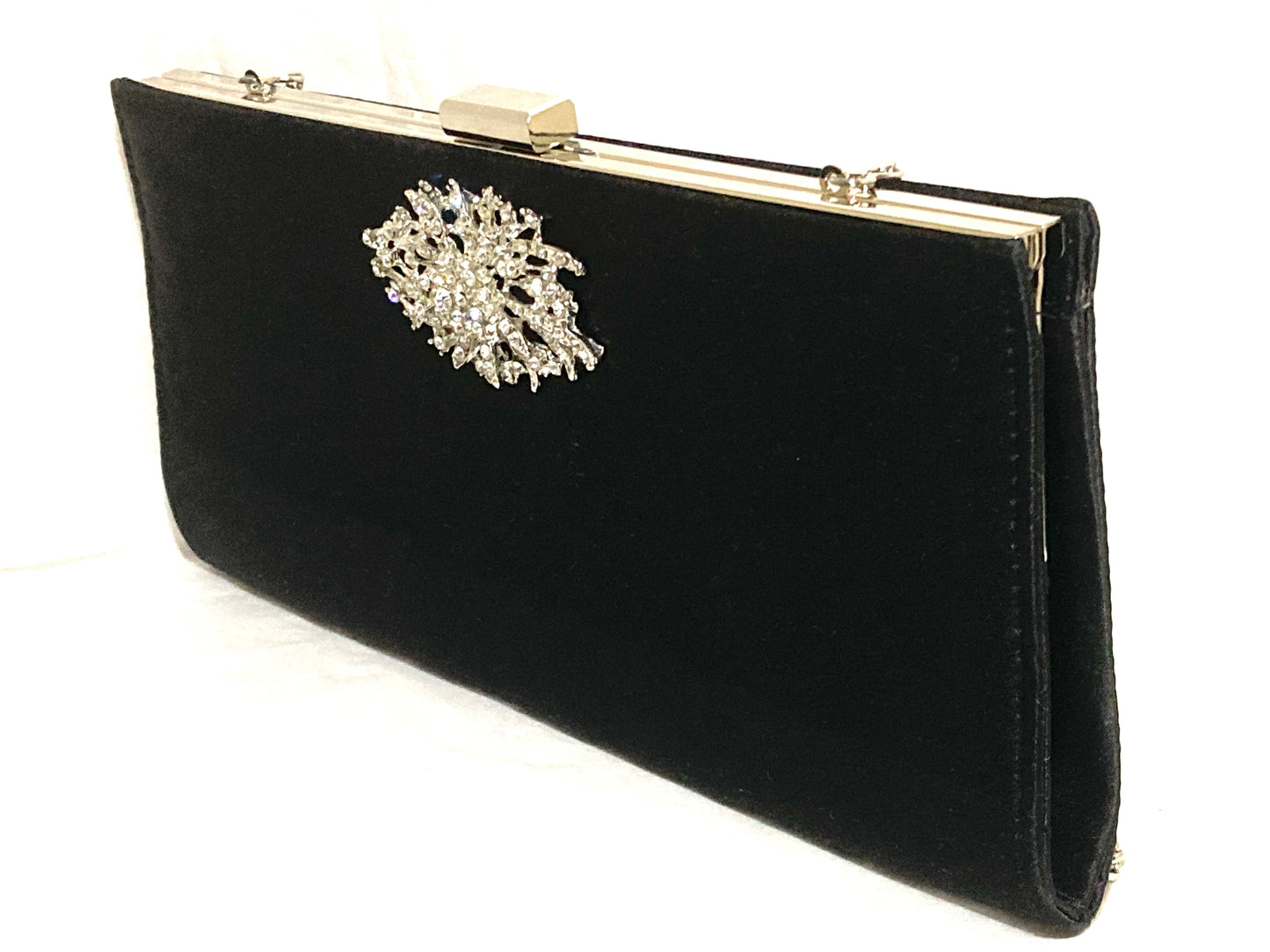 Black Clutch with Crystal Accent and Silver Chain