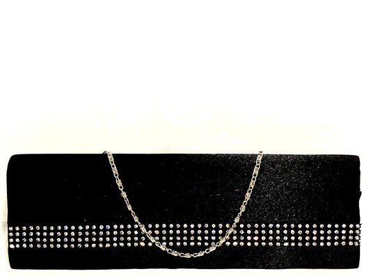 Sasha Satin Black Clutch with Crystal Accents & Silver Chain NWT