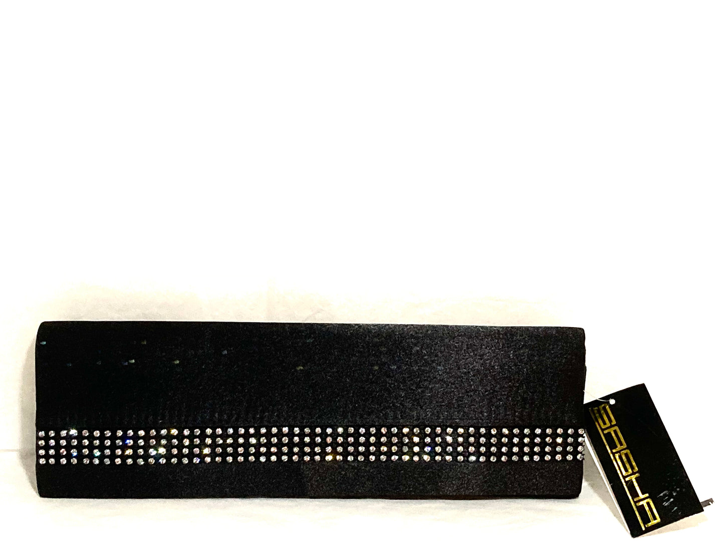Sasha Satin Black Clutch with Crystal Accents & Silver Chain NWT