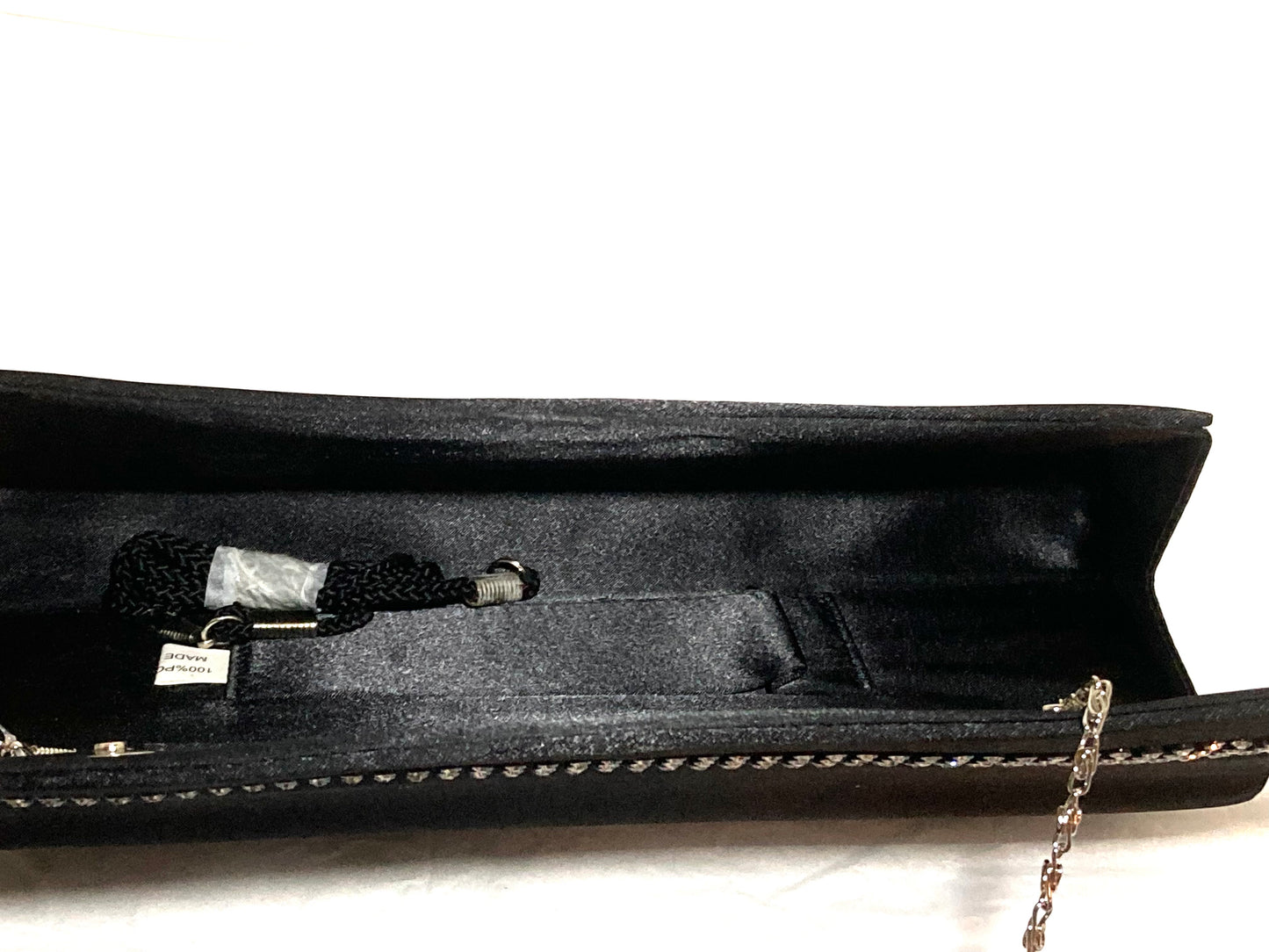 Sasha Satin Black Clutch with Crystal Accents & Silver Chain NWT
