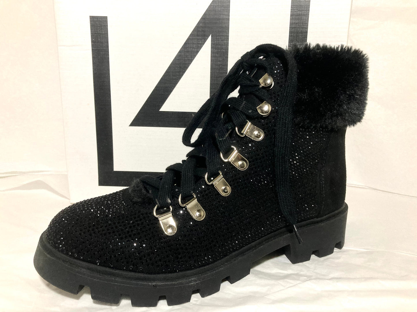 Black Fur-Trimmed Lust for Life Women's Sparkle Faux Fur Boots Size 9.5 US
