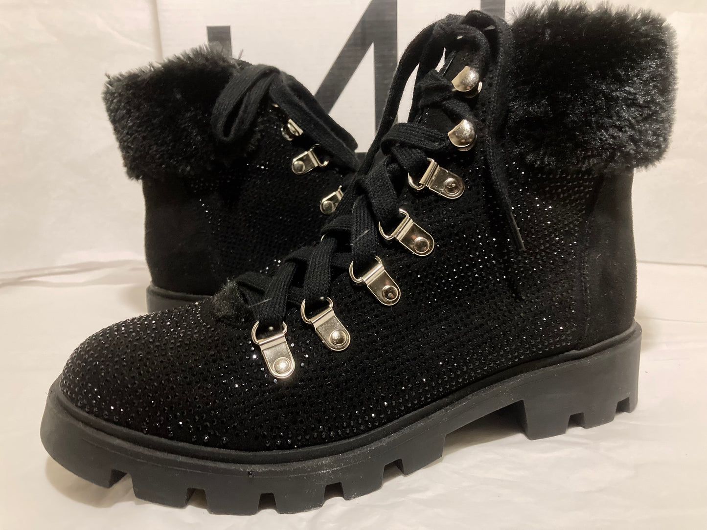 Black Fur-Trimmed Lust for Life Women's Sparkle Faux Fur Boots Size 9.5 US
