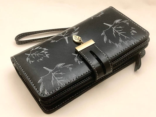 Sendefn Leaf Pattern Large Capacity Storage Credit Card Zip Wallet Black