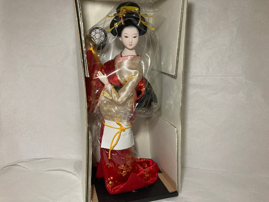 Large Japanese Geisha Doll In Elegant Red and Gold Kimono New
