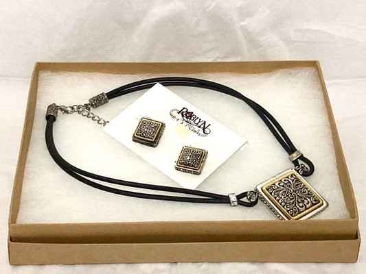 Roblyn Designs Black Necklace with Silver & Gold Pendant and Earring Set