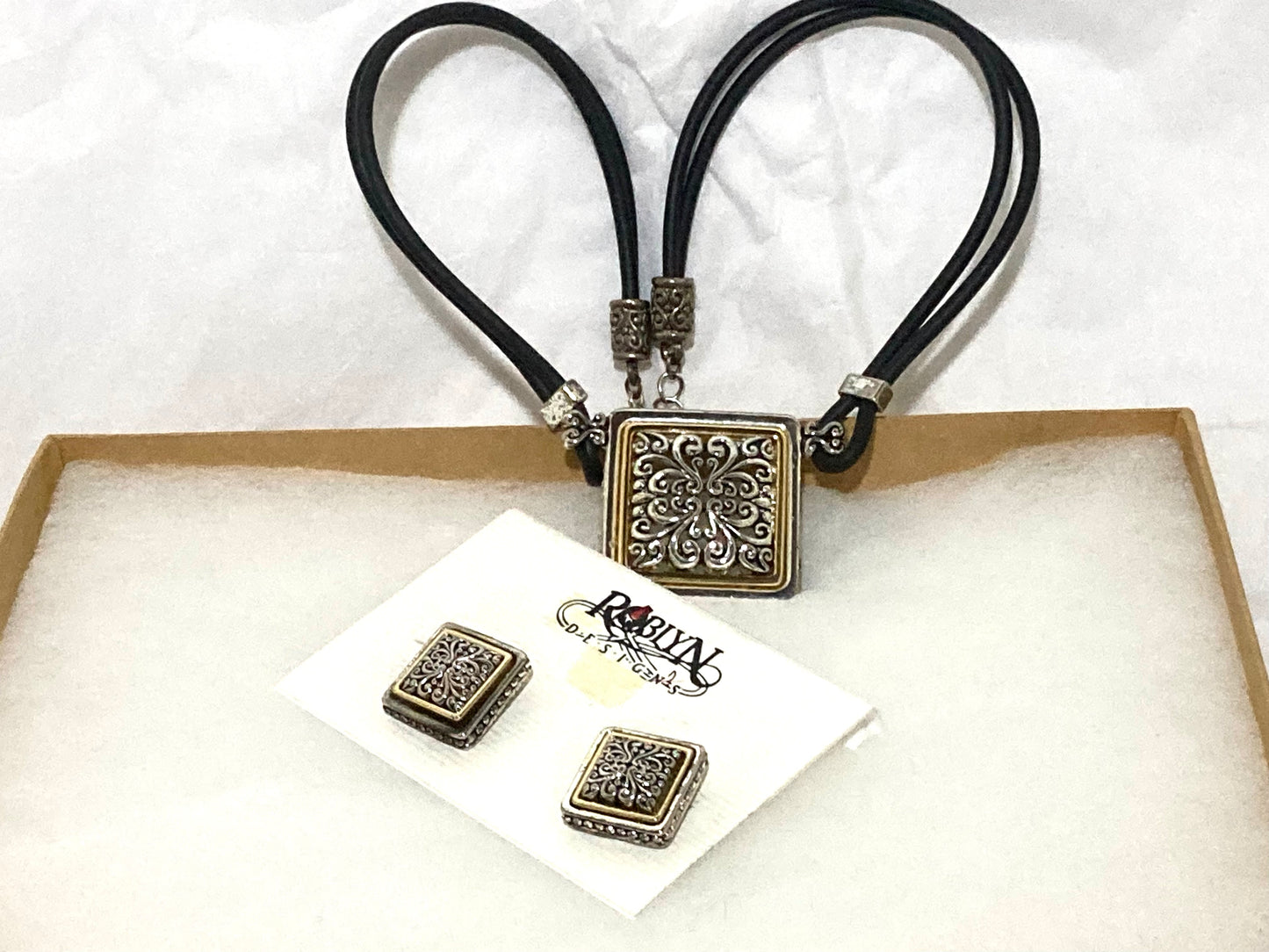 Roblyn Designs Black Necklace with Silver & Gold Pendant and Earring Set