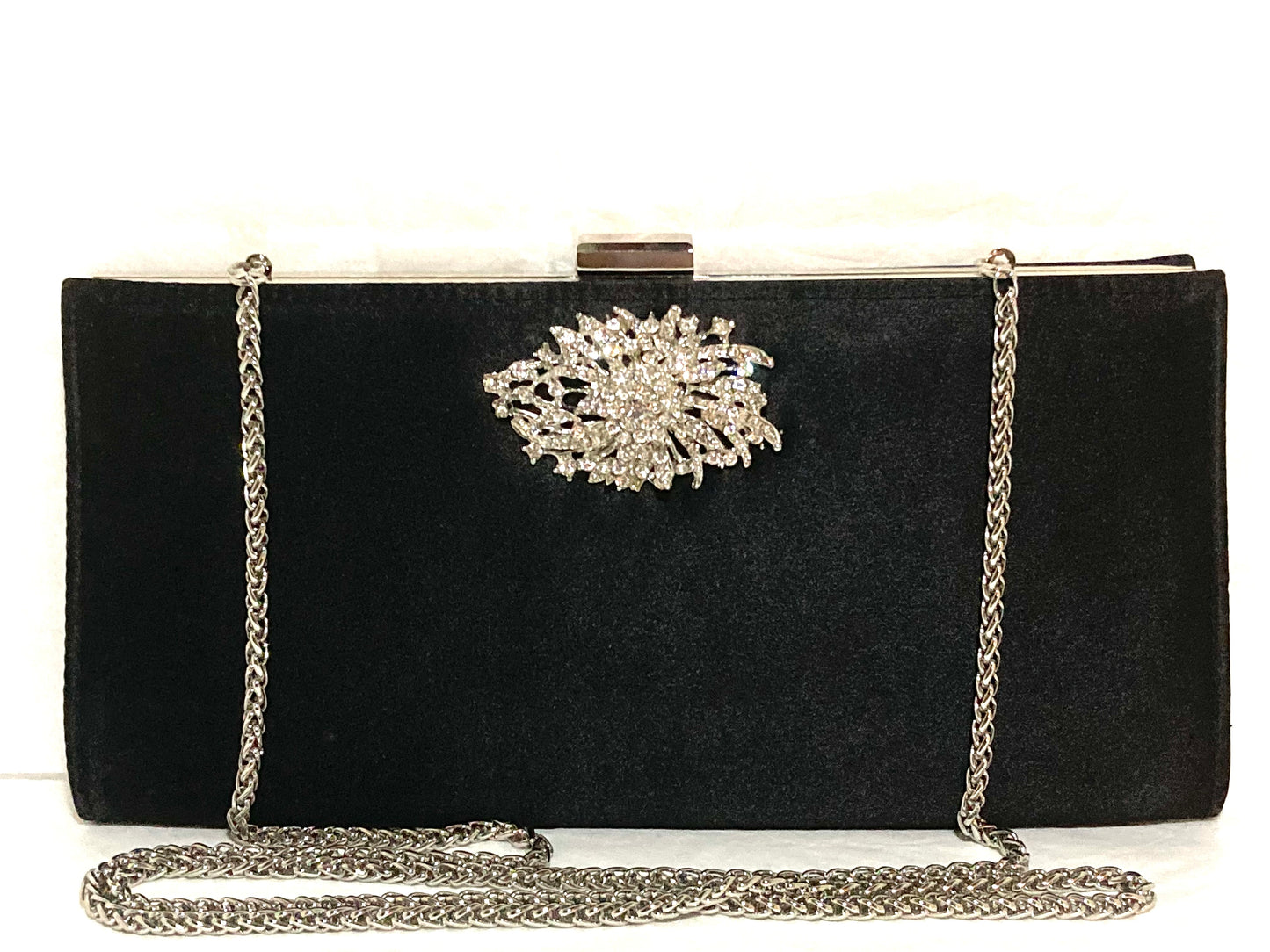 Black Clutch with Crystal Accent and Silver Chain