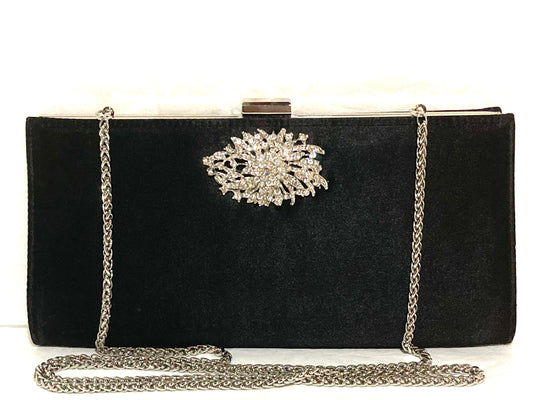 Black Clutch with Crystal Accent and Silver Chain
