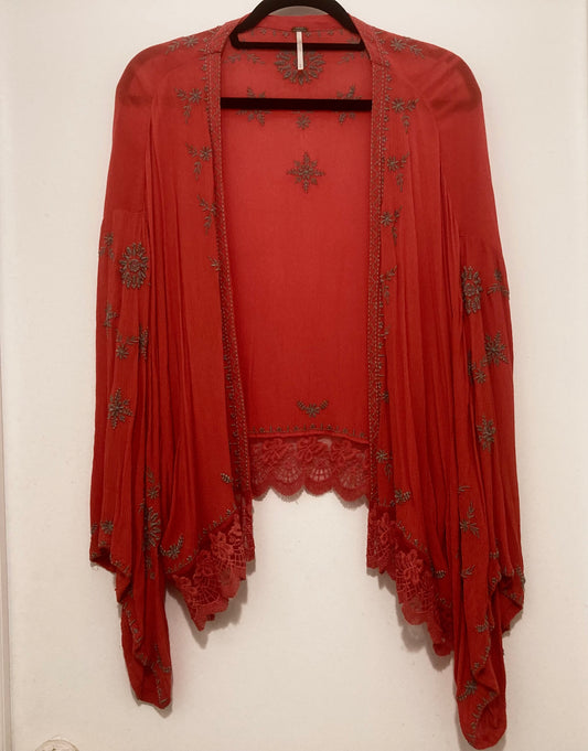 Free People Red Embroidered Kimono Cardigan Size Petite Small