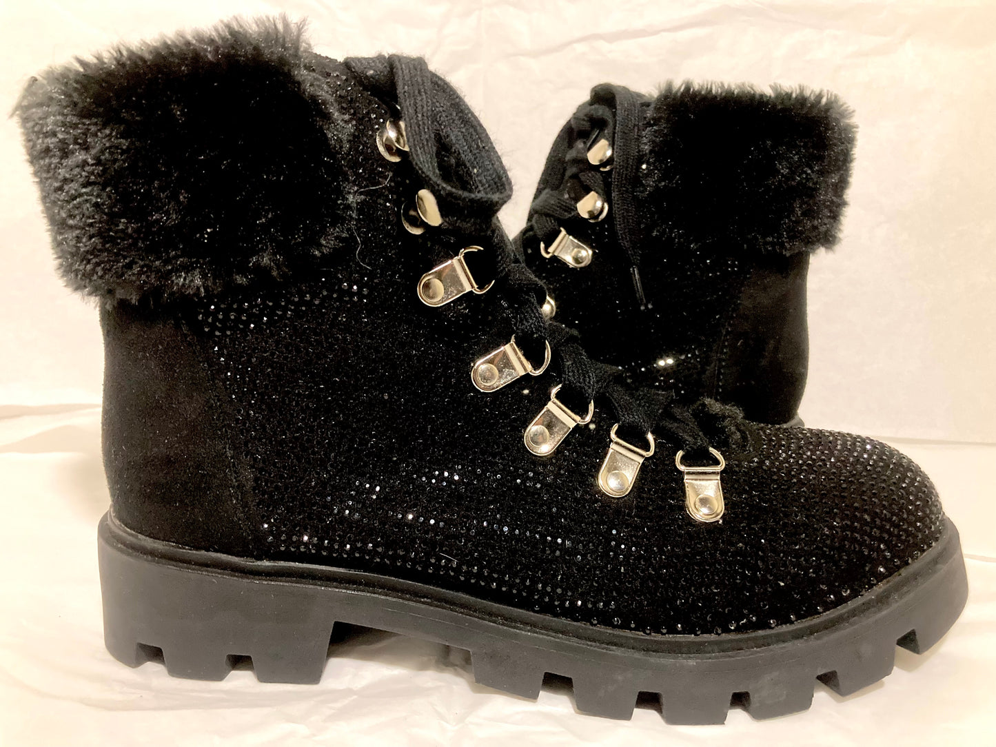Black Fur-Trimmed Lust for Life Women's Sparkle Faux Fur Boots Size 9.5 US