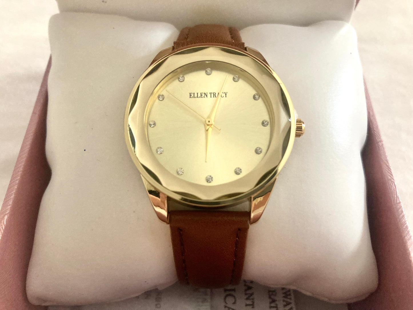 Ellen Tracy Gold-Tone Watch with Brown Adjustable Strap NIB