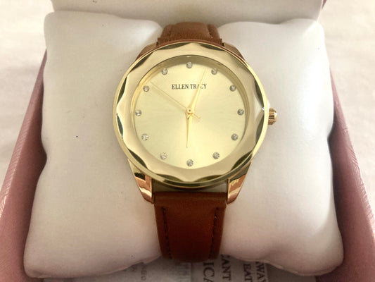 Ellen Tracy Gold-Tone Watch with Brown Adjustable Strap NIB