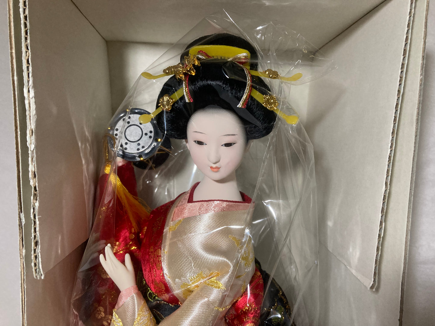 Large Japanese Geisha Doll In Elegant Red and Gold Kimono New