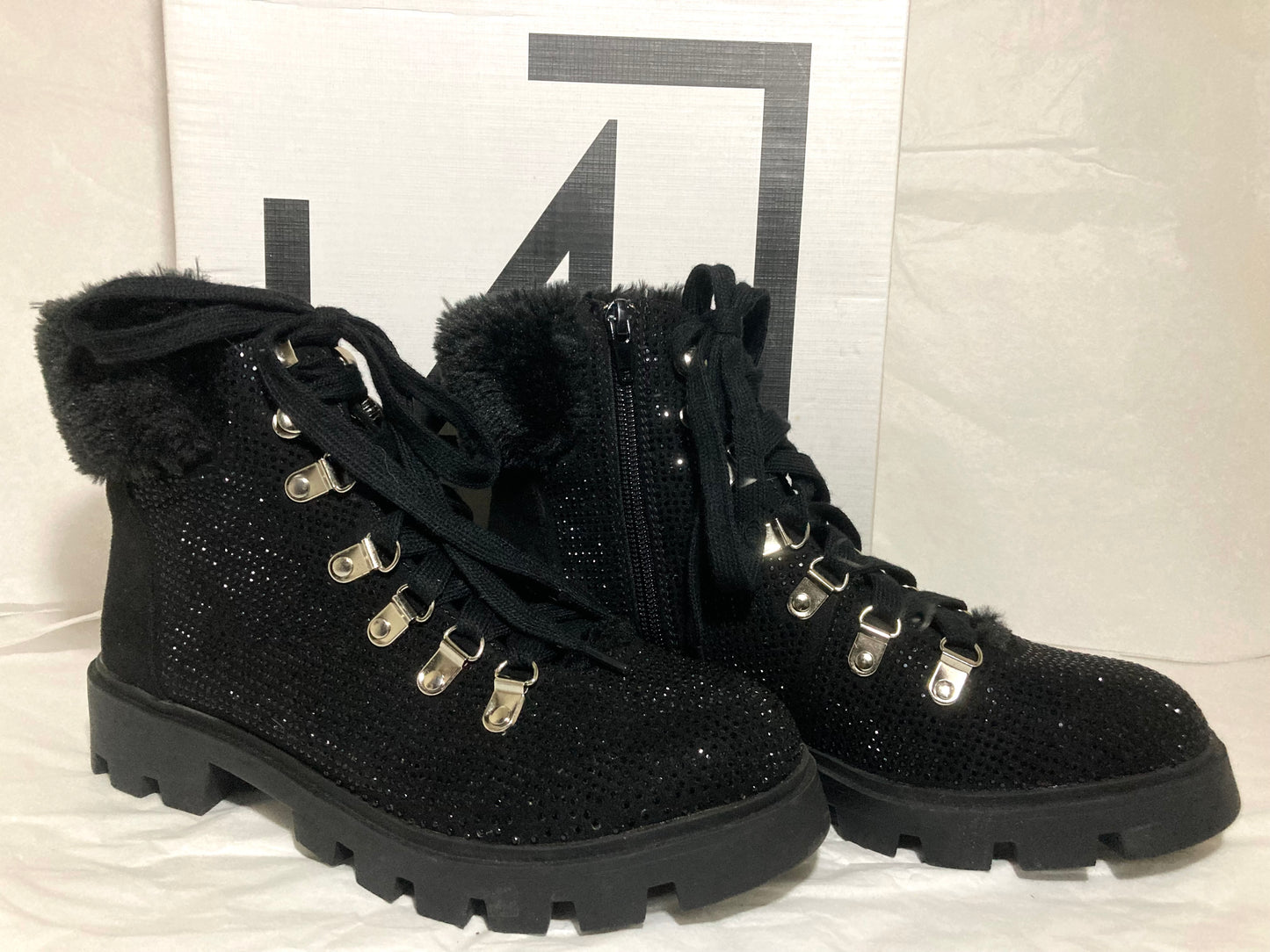 Black Fur-Trimmed Lust for Life Women's Sparkle Faux Fur Boots Size 9.5 US