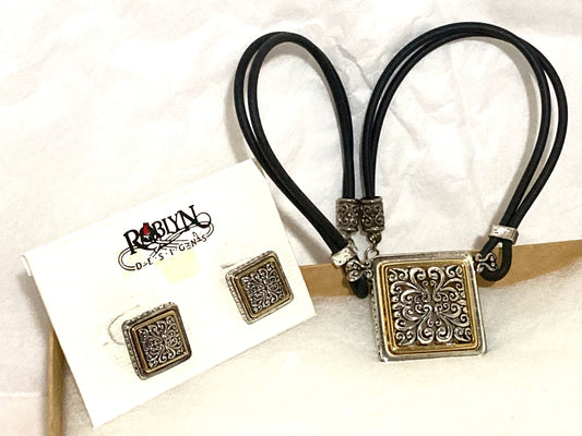 Roblyn Designs Black Necklace with Silver & Gold Pendant and Earring Set