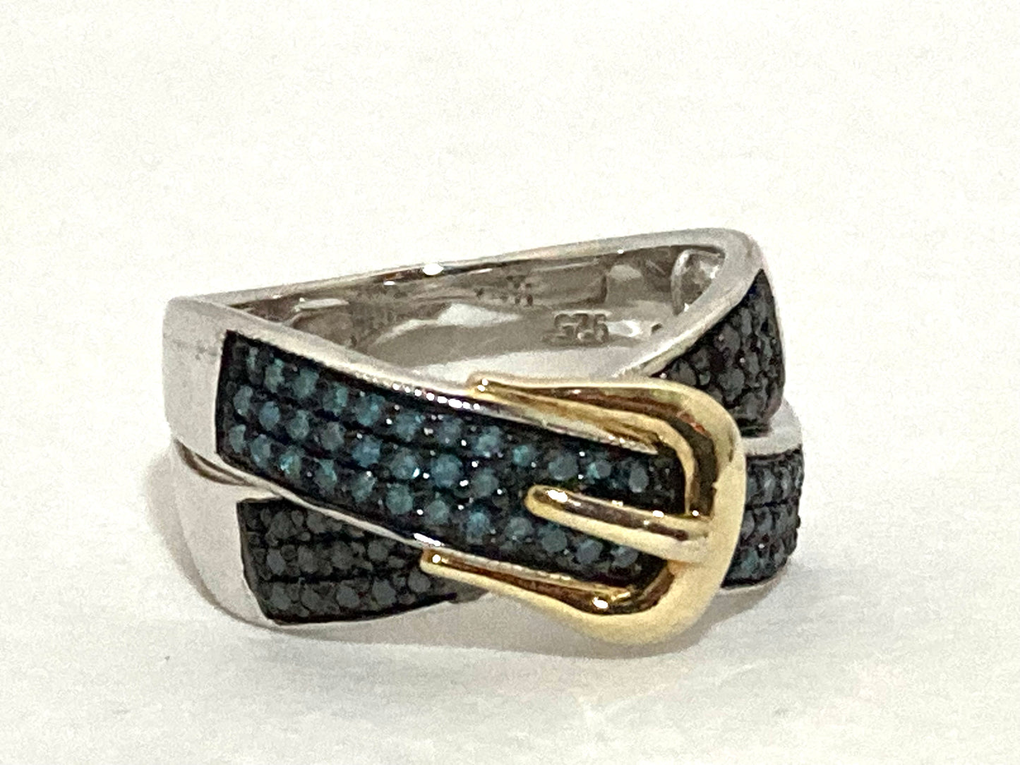 Black and Blue Diamond Belt Buckle Ring Size 7 Vintage Sterling Silver Jewelry