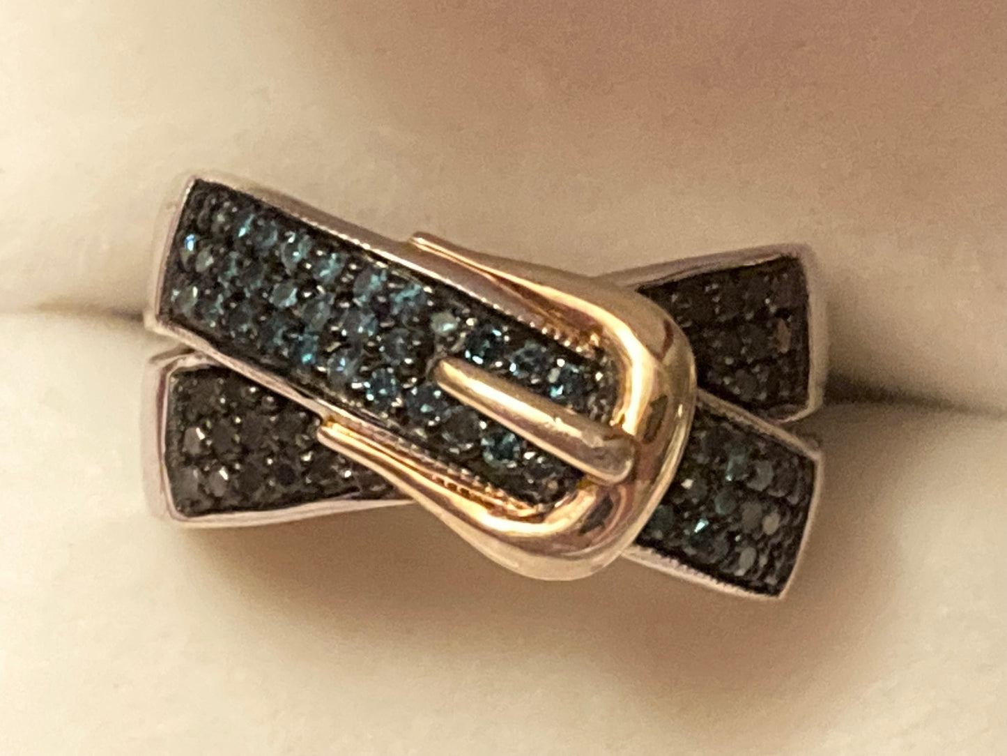 Black and Blue Diamond Belt Buckle Ring Size 7 Vintage Sterling Silver Jewelry