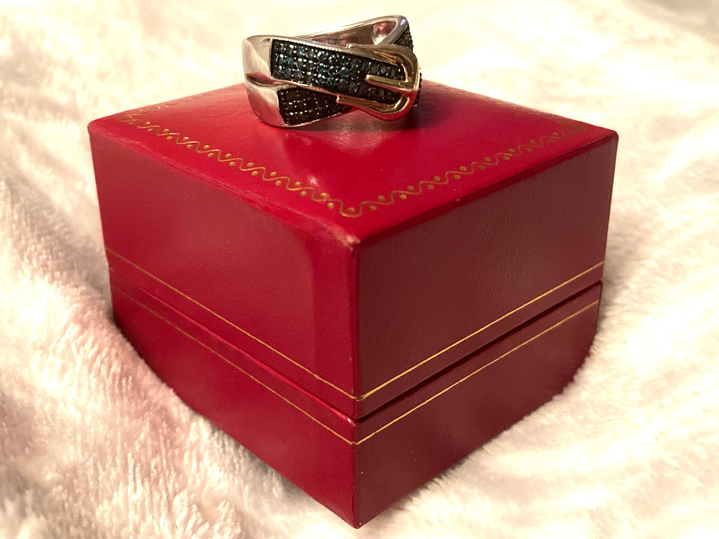 Black and Blue Diamond Belt Buckle Ring Size 7 Vintage Sterling Silver Jewelry